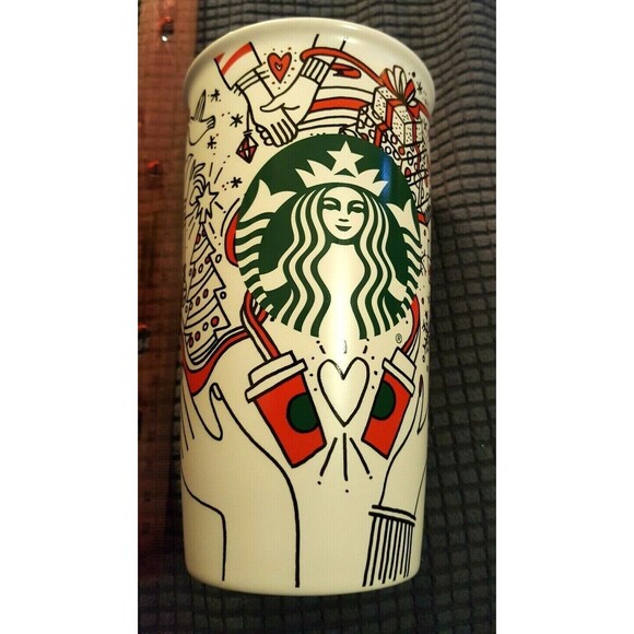Starbucks Ceramic Tumbler 12oz Holiday 2017 Coffee Cup with Red Lid Travel Mug - Picture 8 of 12
